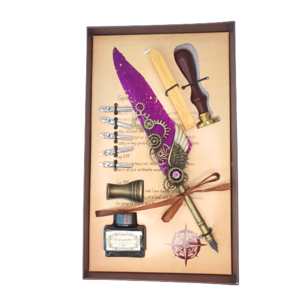 Kit Caneta Tinteiro Pena Engrenagem Roxo Com Carimbo Kit Caneta Tinteiro Pena Engrenagem Roxo Com Carimbo